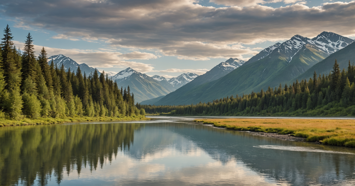 A panoramic view of an Alaskan river with anglers fishing for Coho Salmon.