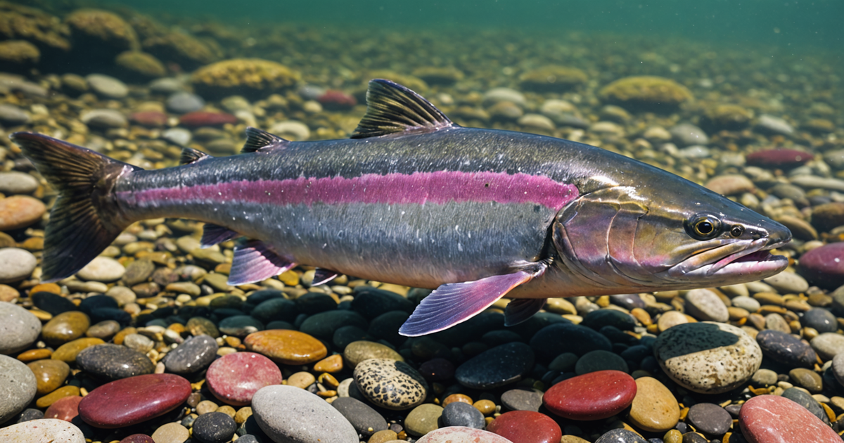 A close-up of a Chum Salmon in its natural habitat, displaying its distinctive spawning colours.