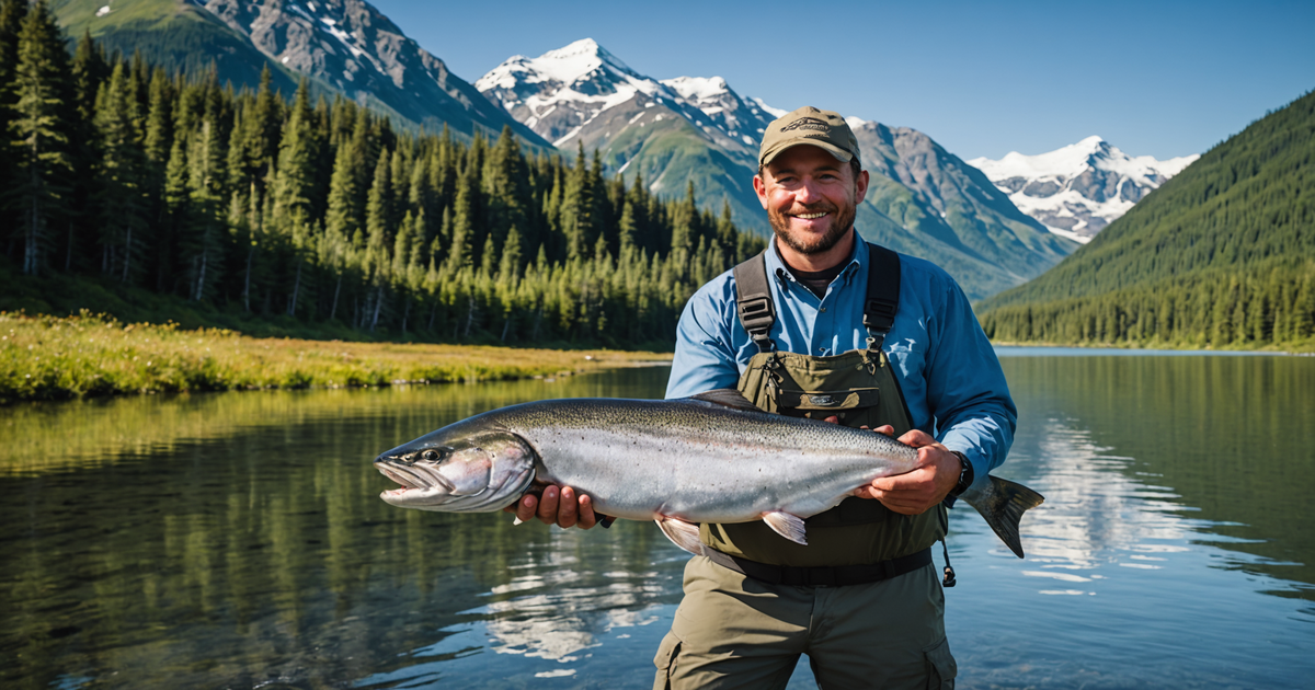An angler proudly displaying a massive king salmon catch against the backdrop of Alaska's stunning wilderness.