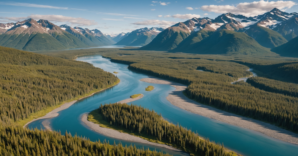 Aerial view of the stunning Alaskan wilderness, highlighting the vast fishing opportunities