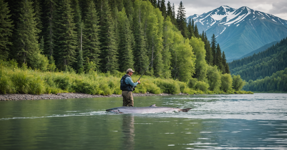 A majestic King Salmon being reeled in by an angler in the Kenai River