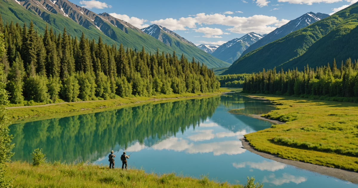A scenic view of the Kenai River with anglers fishing for king salmon.