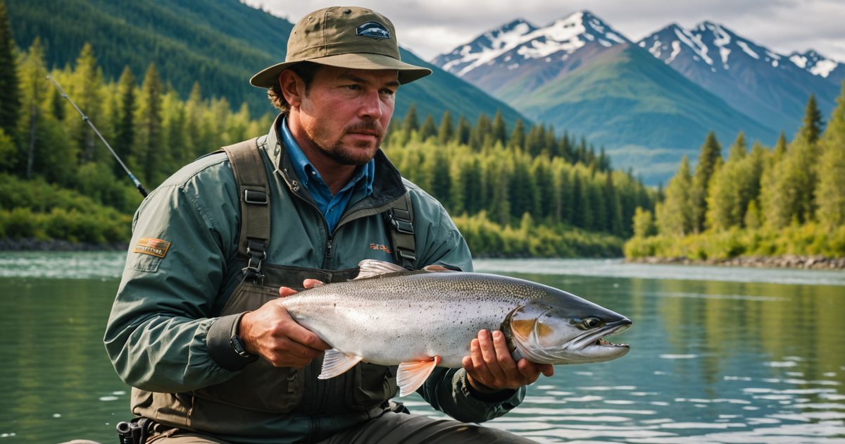 A close-up of an angler reeling in a king salmon on the Kenai River.