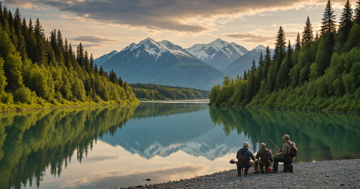 A breathtaking view of the Kenai River with anglers fishing for king salmon