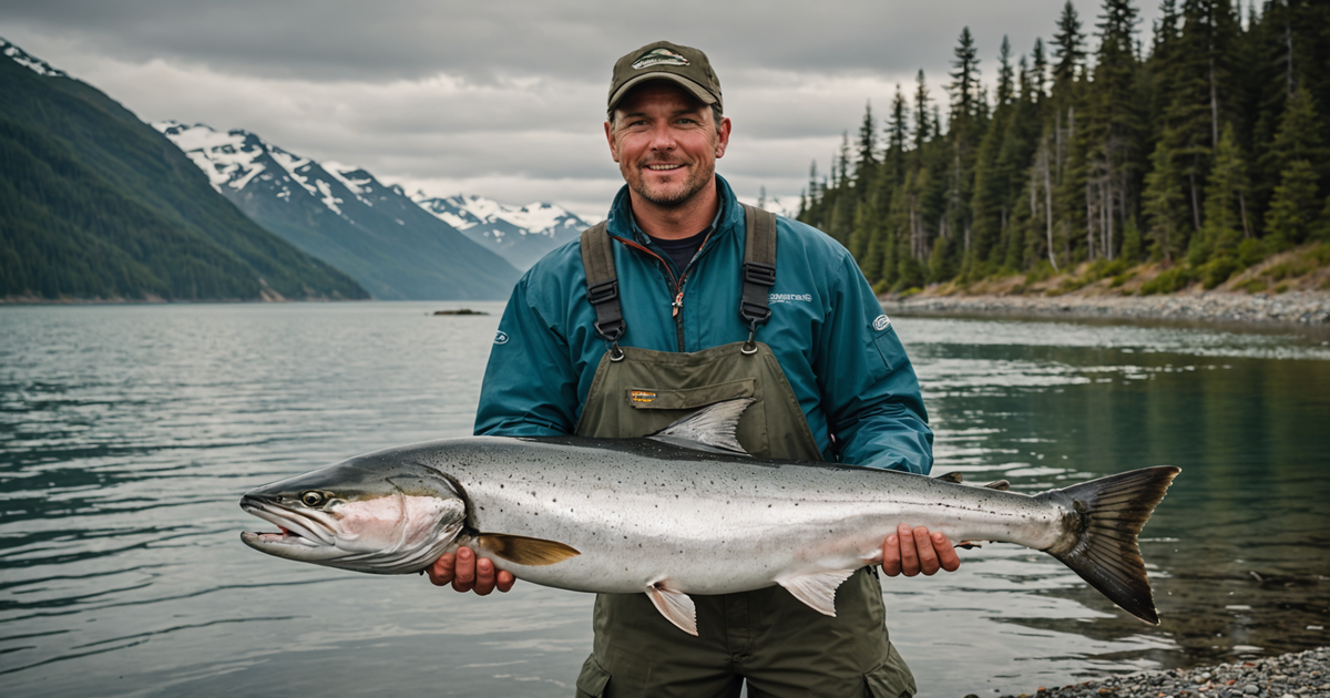 An angler showcasing a large king salmon caught in Alaska's coastal waters