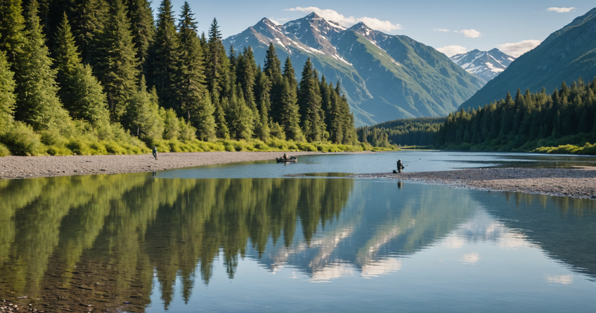 A majestic Alaskan river with anglers fishing for king salmon