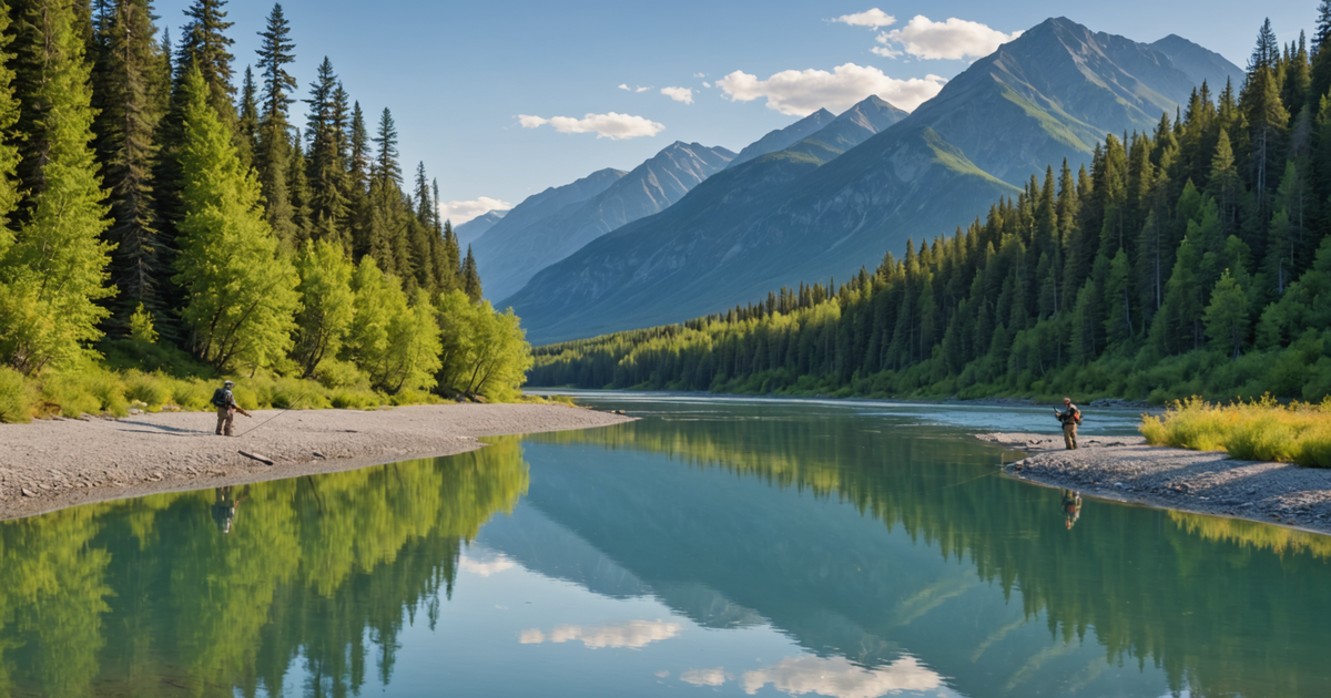 Picturesque view of Klutina River with anglers fishing