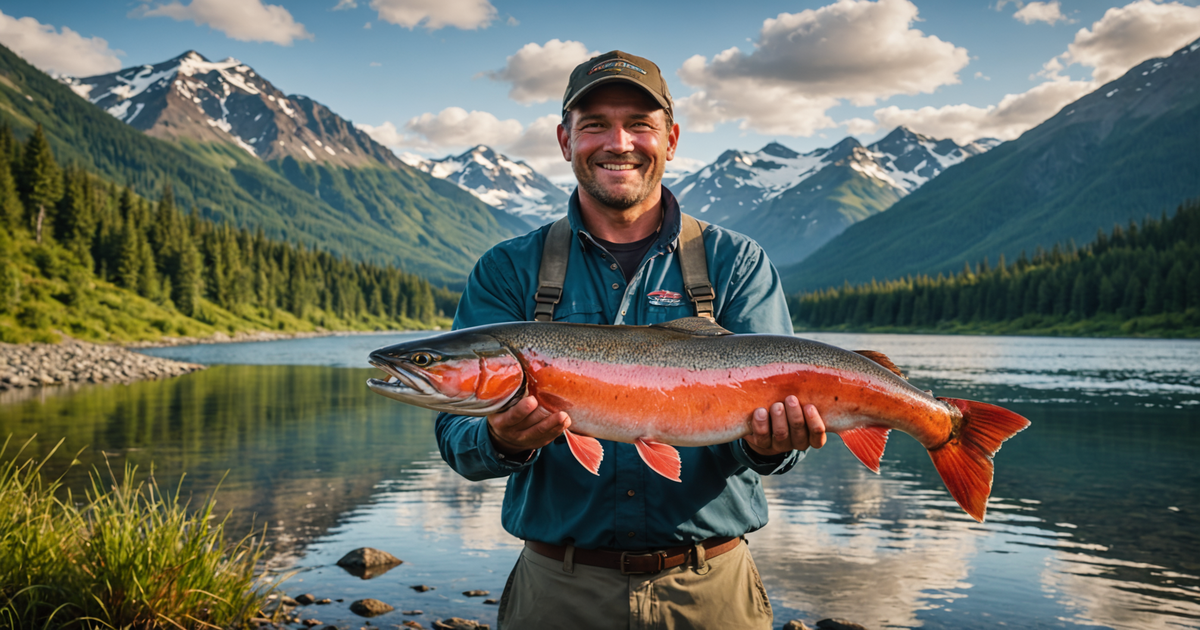 An angler triumphantly holding a sockeye salmon caught in the Russian River, with the majestic Alaskan landscape in the backdrop.