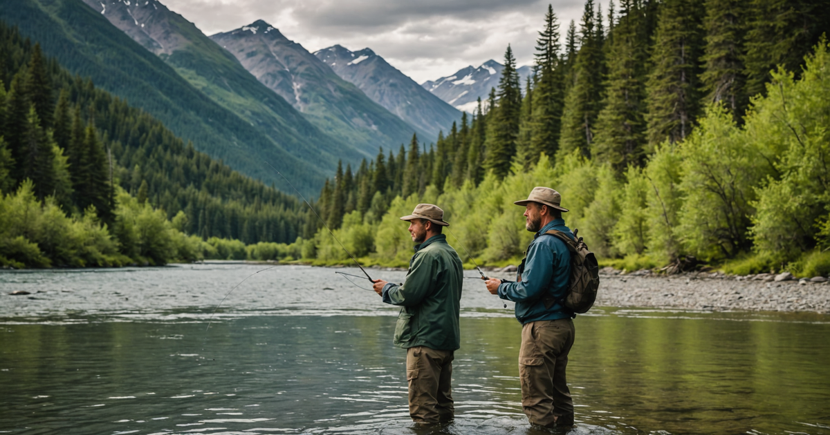 An angler casting a line in an Alaskan river, surrounded by picturesque wilderness.