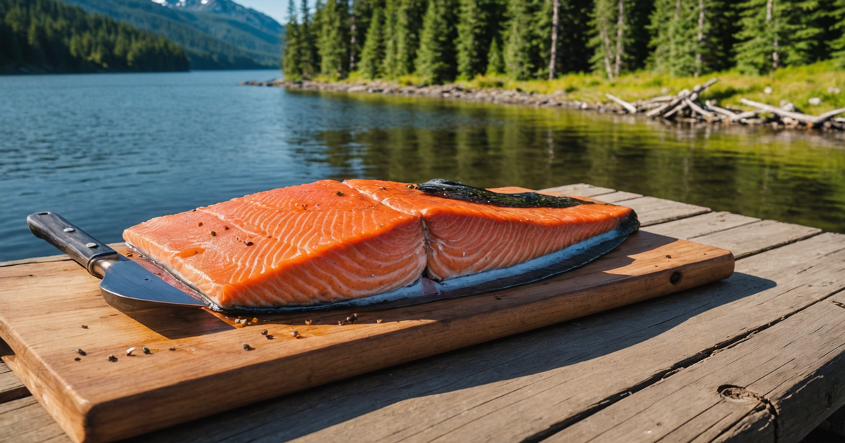 A freshly caught salmon being prepared for a meal on a beautiful wooden deck overlooking the Alaskan wilderness.