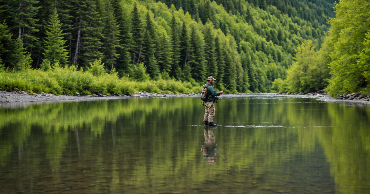 An angler fly fishing for silver salmon in an Alaskan river.