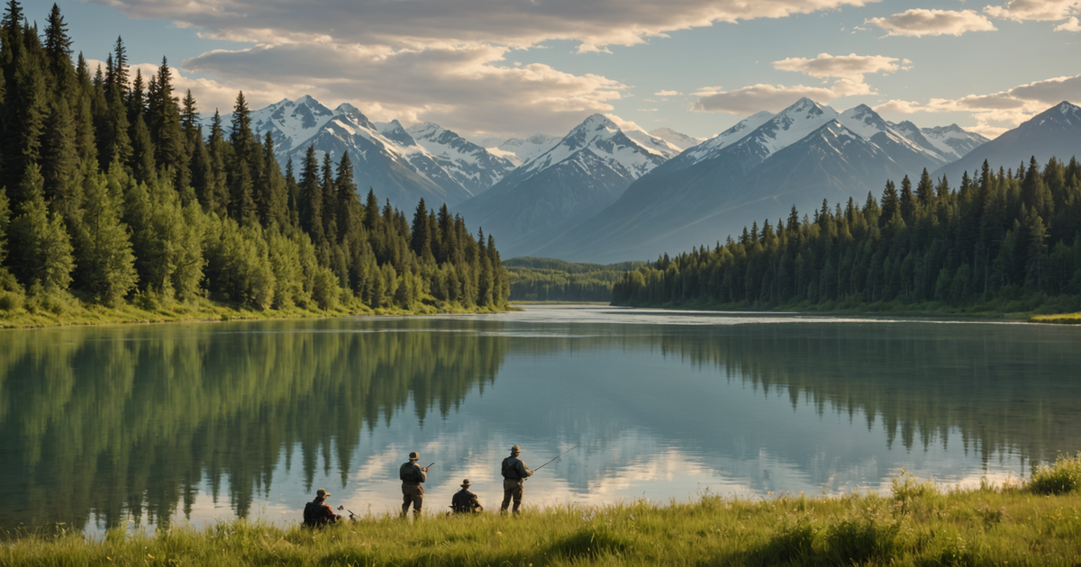 A scenic view of the Kenai River with anglers fishing for king salmon.
