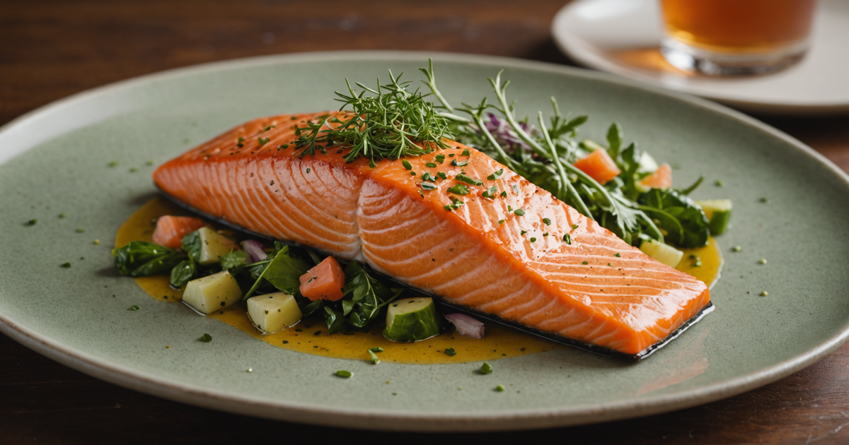 A delicious plate of freshly cooked king salmon, garnished with local herbs.