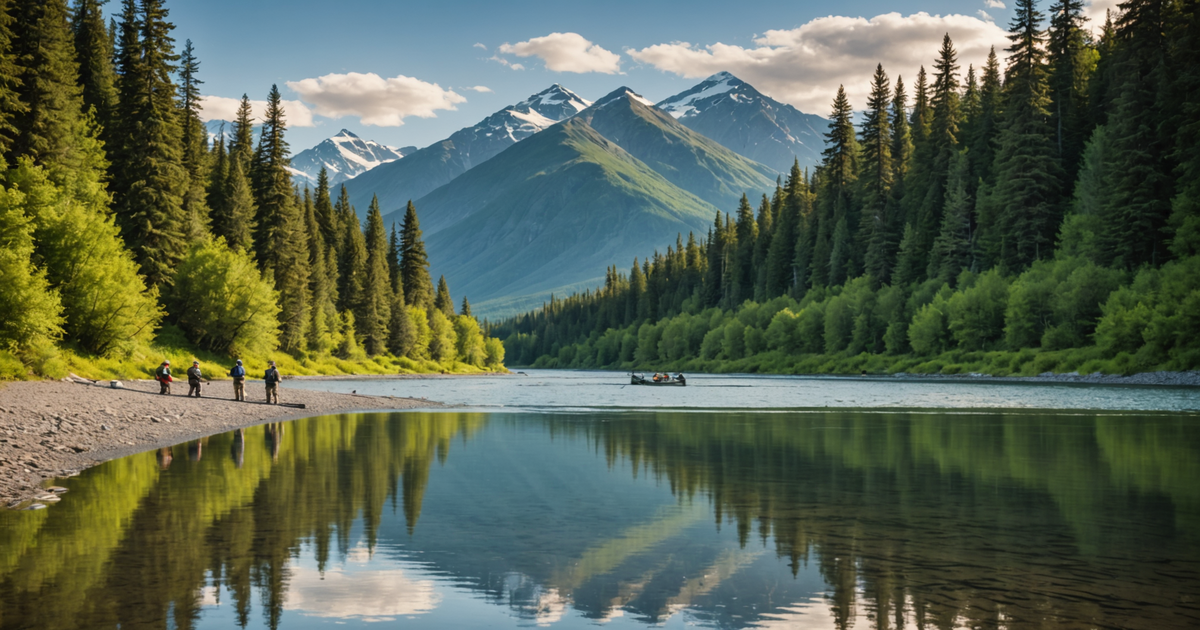 A photo of anglers fishing in a picturesque Alaskan river.