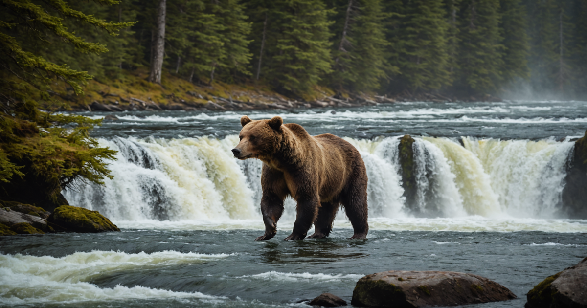 A brown bear catching a salmon at Brooks Falls with a misty forest backdrop