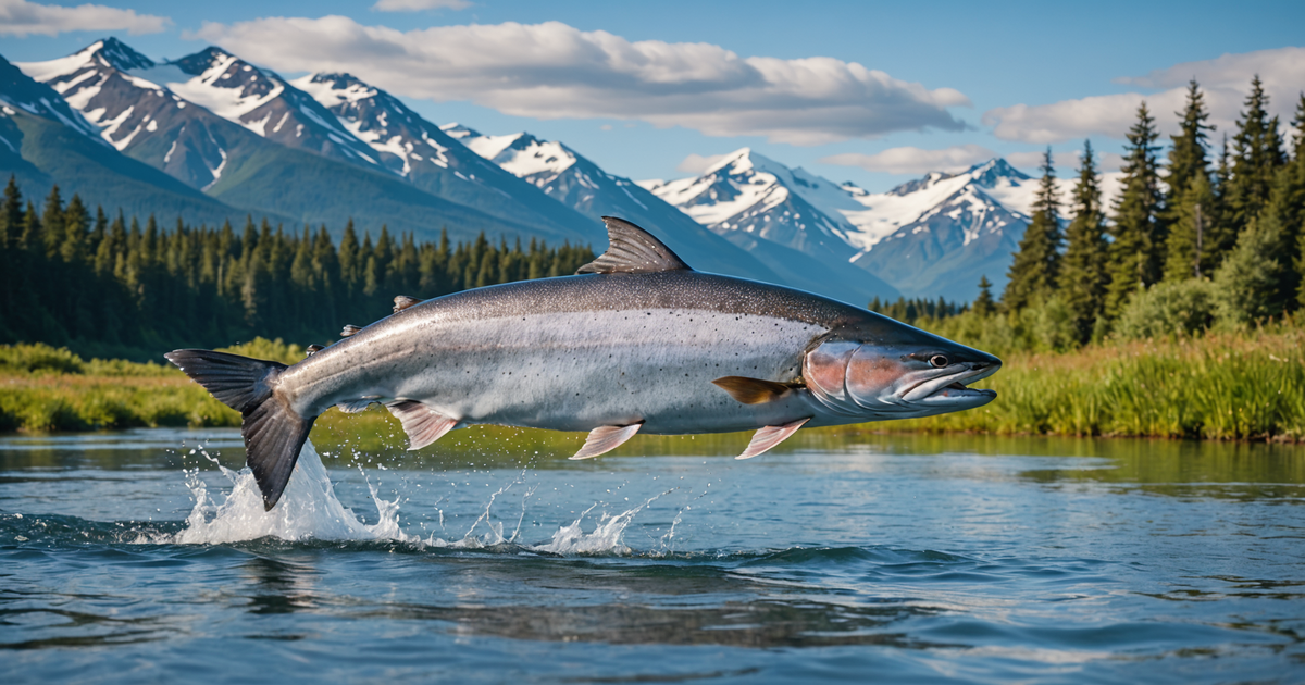 A majestic King Salmon leaping in the Alaskan waters