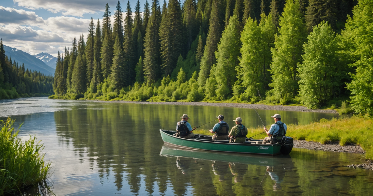A group of anglers enjoying a guided fishing trip on the Kenai River