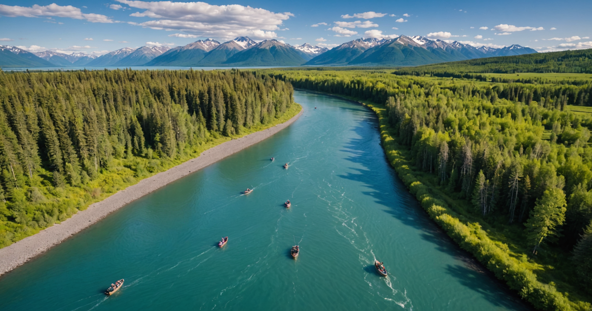 Aerial view of anglers fishing along the Kenai River