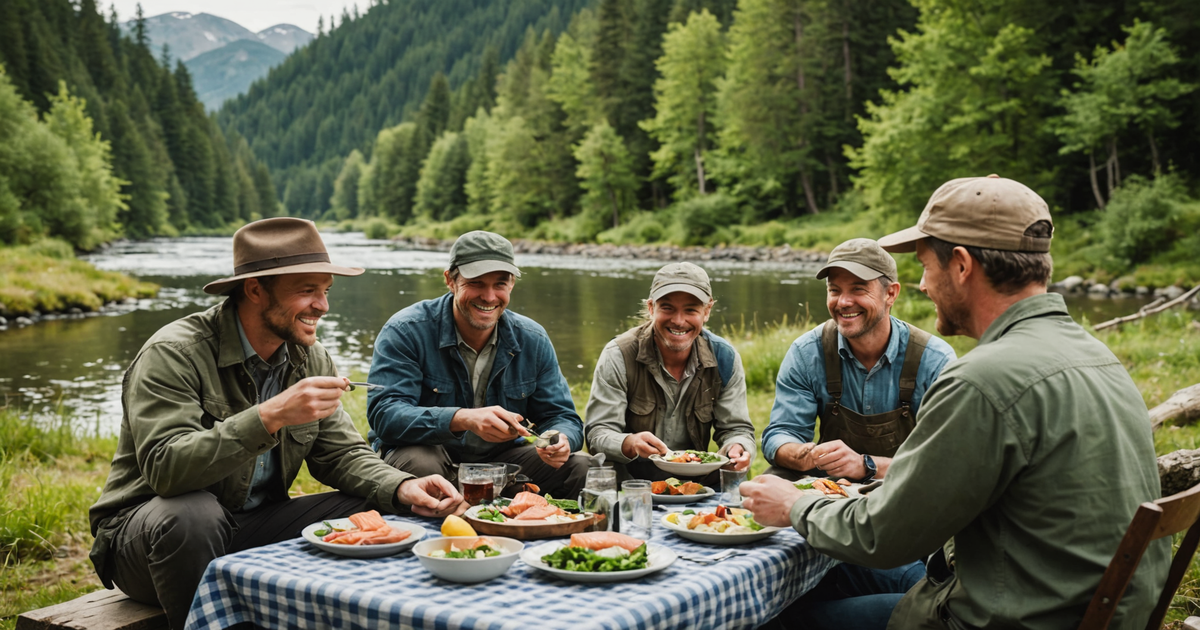 A group of anglers enjoying a freshly prepared salmon meal by the river
