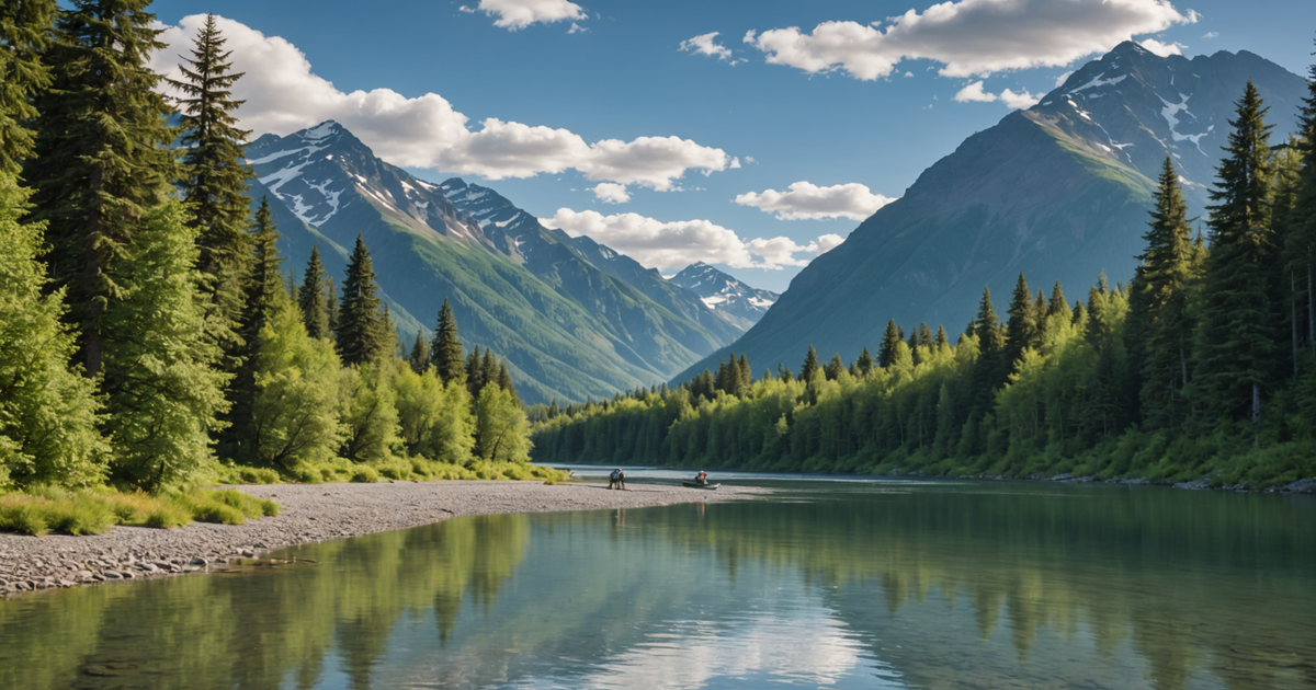 A scenic view of an Alaskan river with anglers fishing for coho salmon