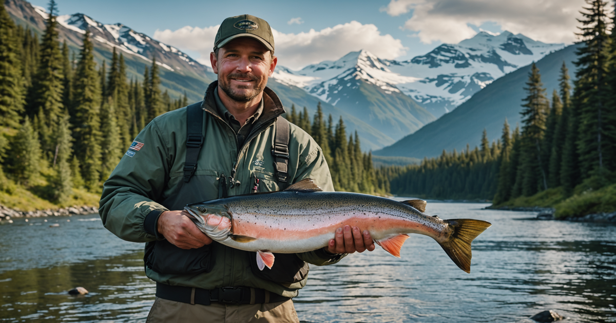 An angler holding a large coho salmon with Alaskan wilderness in the background