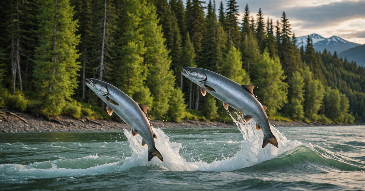 Stunning view of the Kenai River with salmon jumping against the backdrop of the Alaskan wilderness.