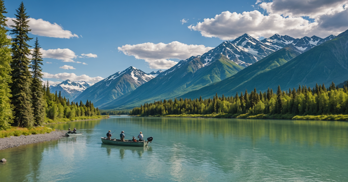 Anglers casting their lines in the Kenai River amidst the picturesque Alaskan terrain.