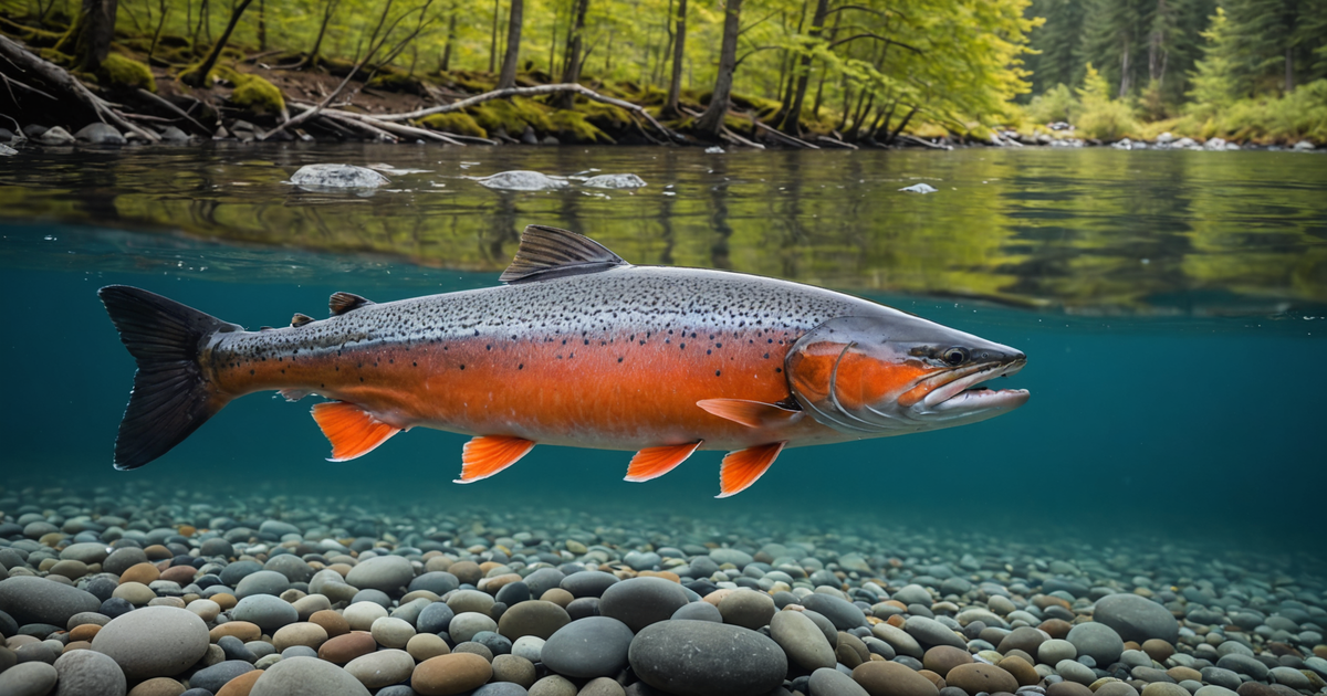 A majestic king salmon in the wild, showcasing its size and vibrant colours.