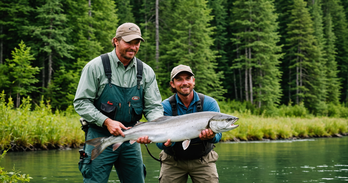 An experienced guide assisting an angler with a king salmon catch on Alaska's Kenai River.