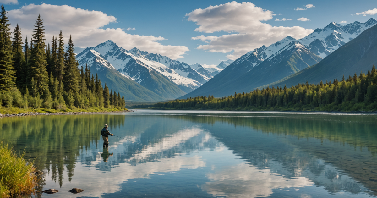 Scenic view of a fisherman casting line in Alaska's pristine waters