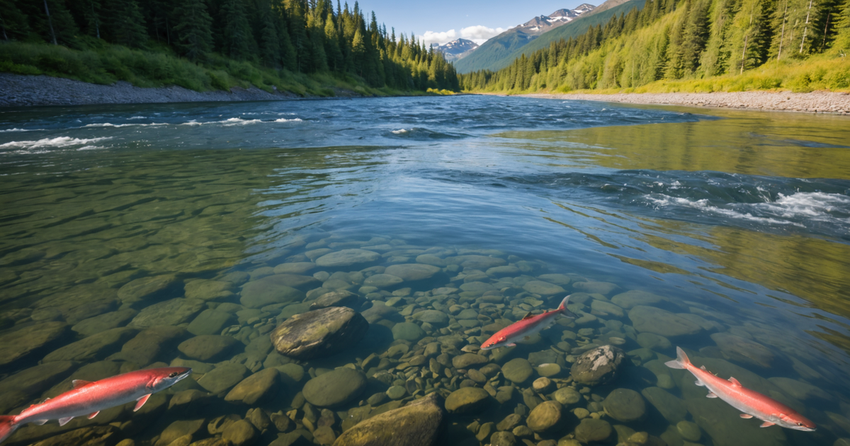 A vibrant Alaskan river bustling with pink salmon