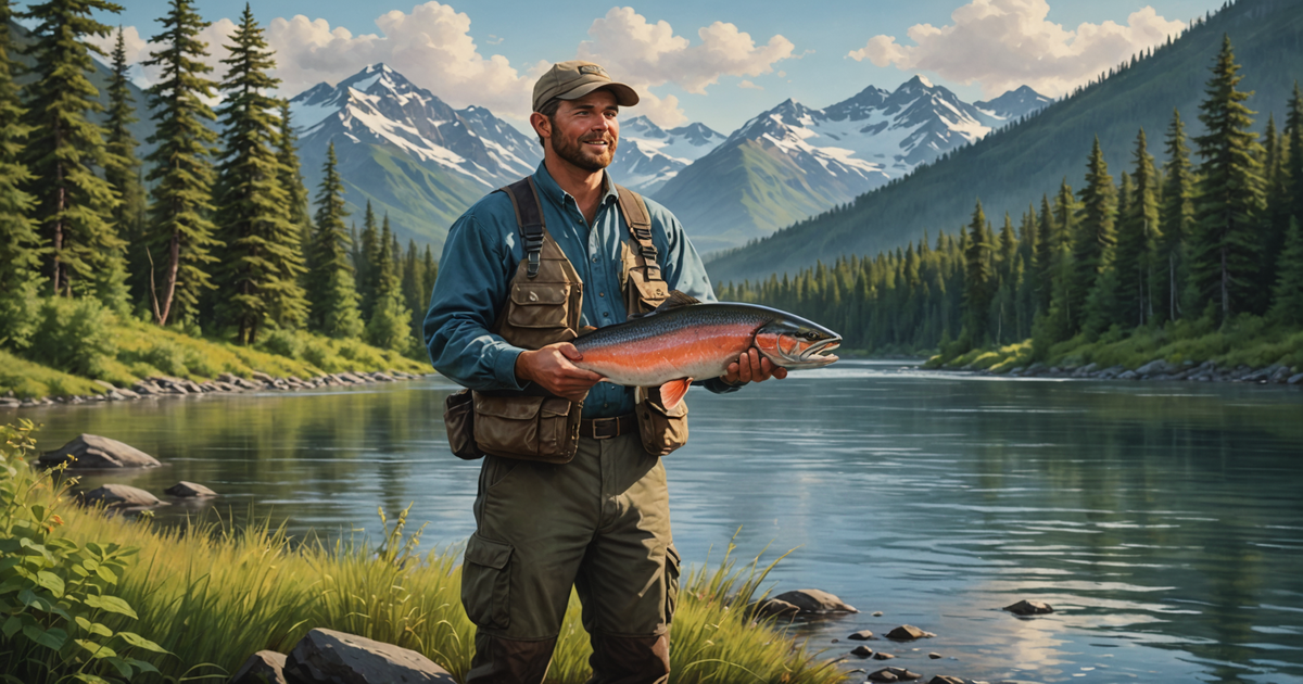 An angler holding a freshly caught Alaskan salmon with a backdrop of the Kenai River