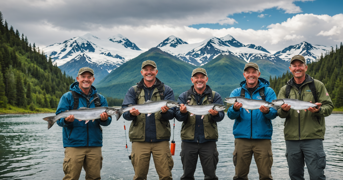 A group of anglers proudly displaying their salmon catch against the backdrop of Alaska's stunning scenery.