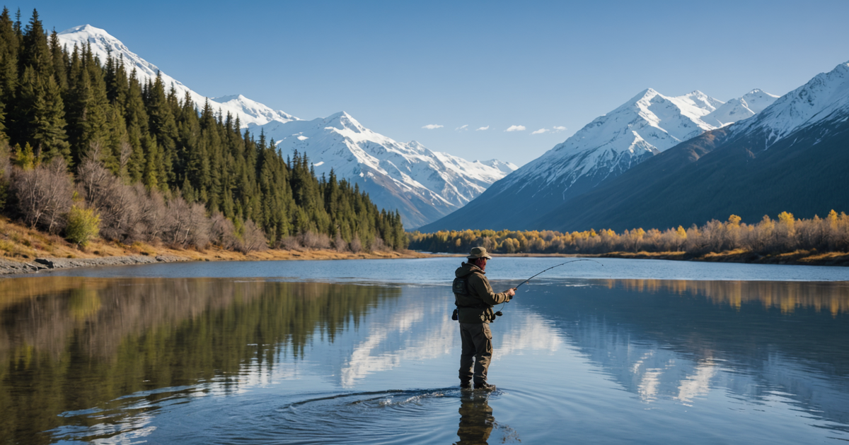 An angler casting a line into the tranquil waters of an Alaskan river with a backdrop of snow-capped mountains.