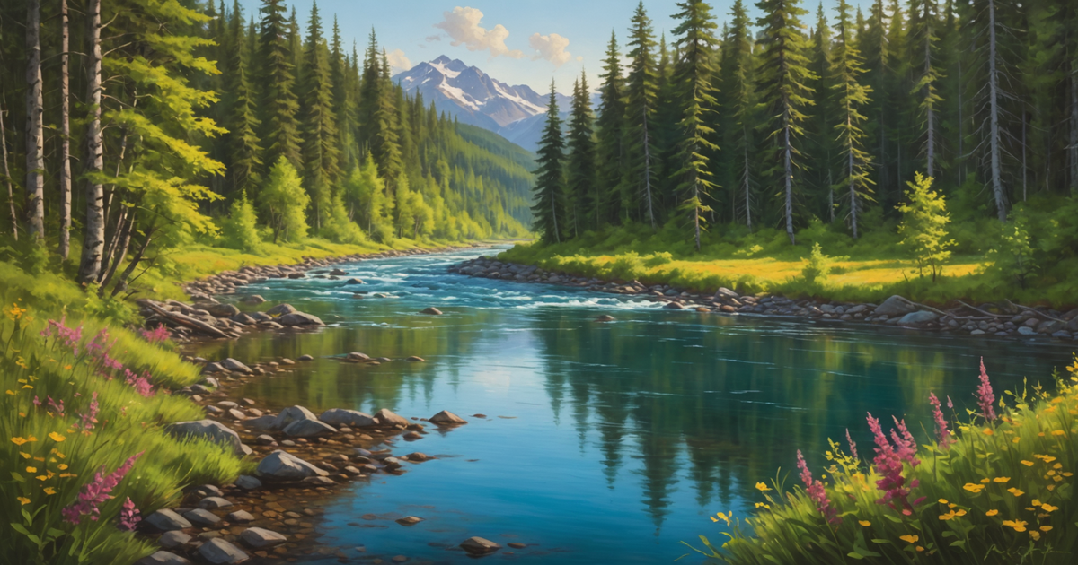 A scenic view of an Alaskan river teeming with salmon, surrounded by lush wilderness.