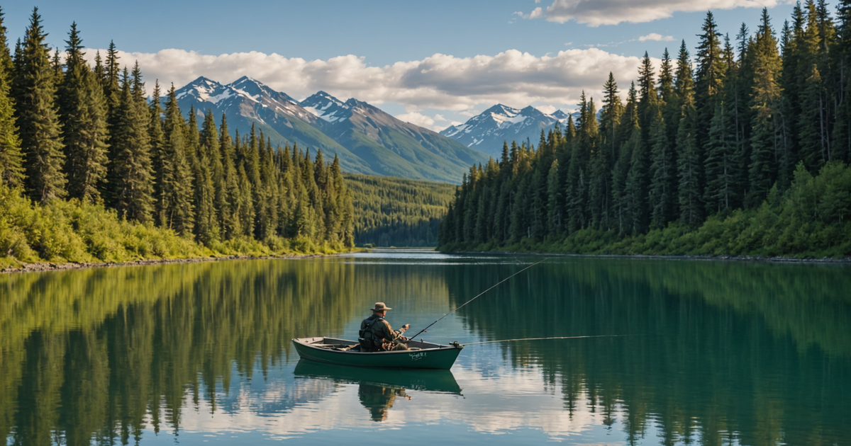 An angler on a boat in the Kenai River, casting a line amidst the serene Alaskan wilderness.