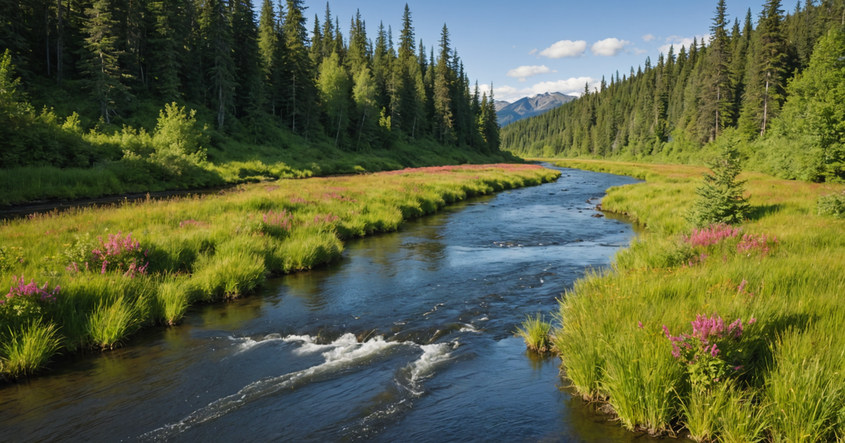 A vibrant Alaskan river teeming with salmon during the peak season