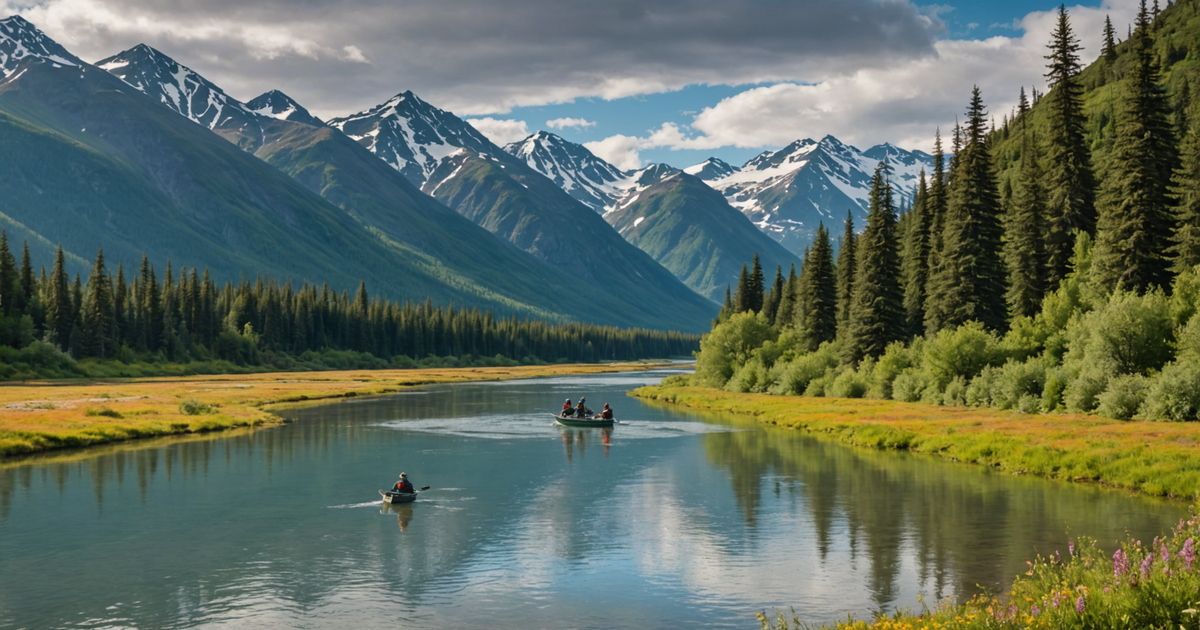 A breathtaking view of an Alaskan river with anglers in action, surrounded by mountains.