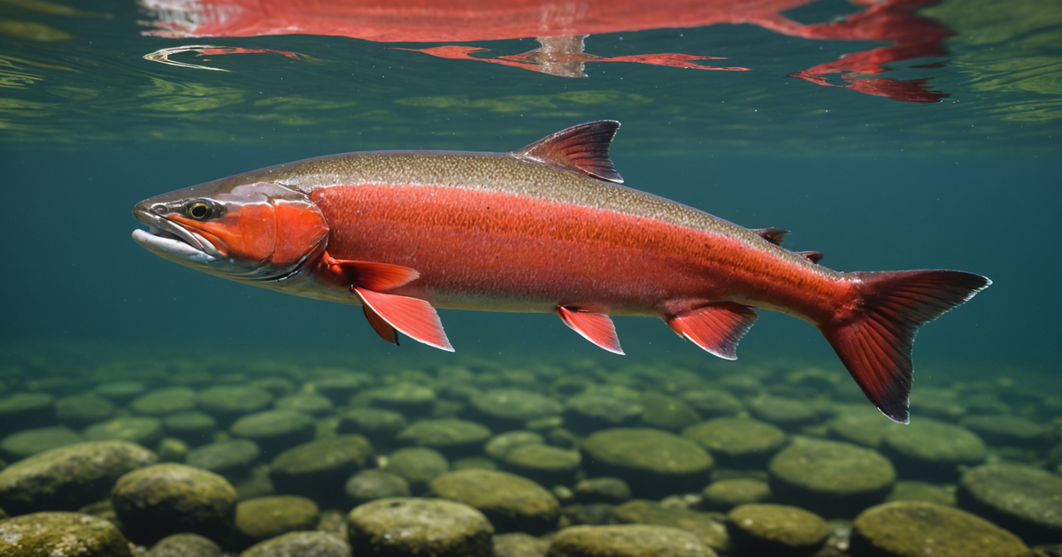 A vibrant Sockeye Salmon swimming upstream.