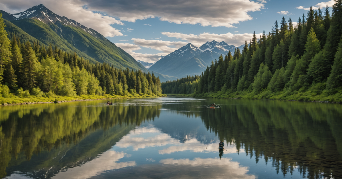 Scenic view of Alaskan river with anglers fishing for salmon