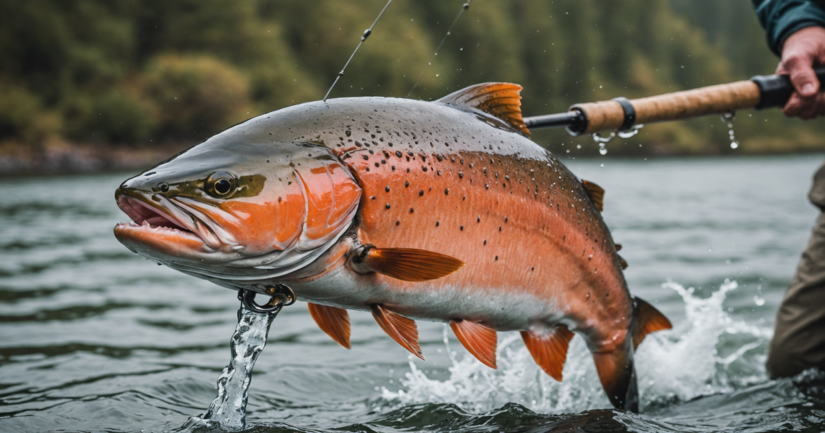 Close-up of a salmon being reeled in by an angler