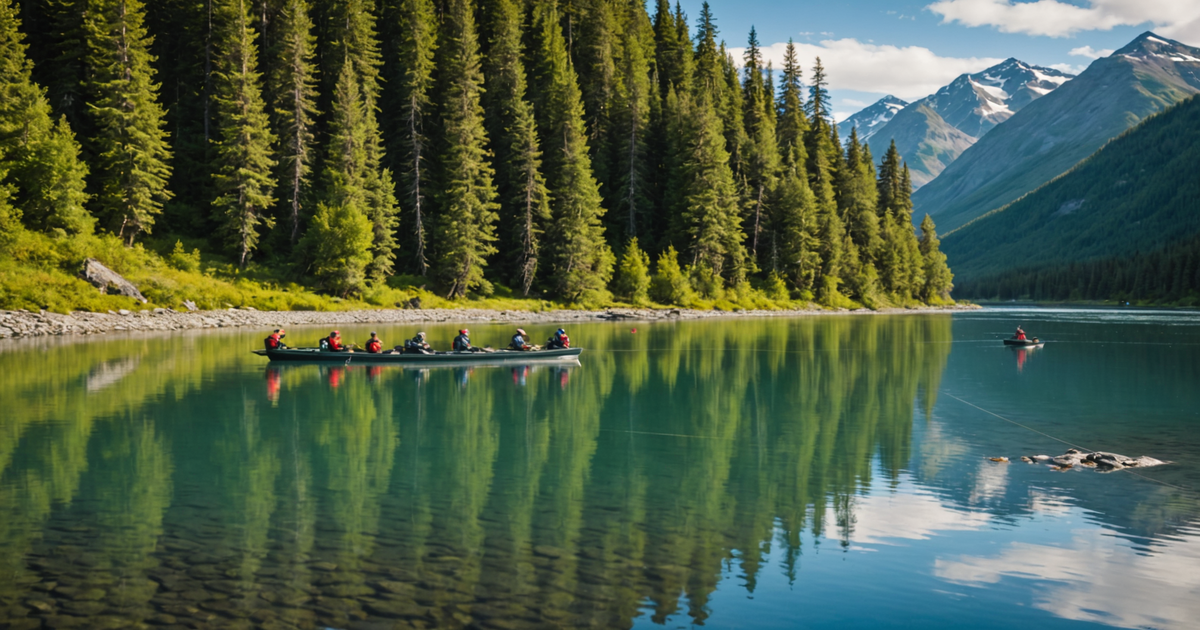 A guided fishing tour group casting their lines in an Alaskan river