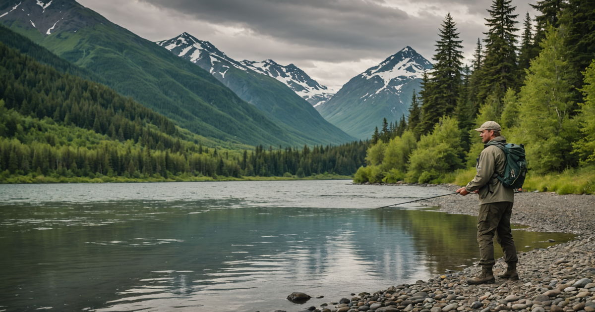 An angler successfully reeling in a large King salmon in Alaska