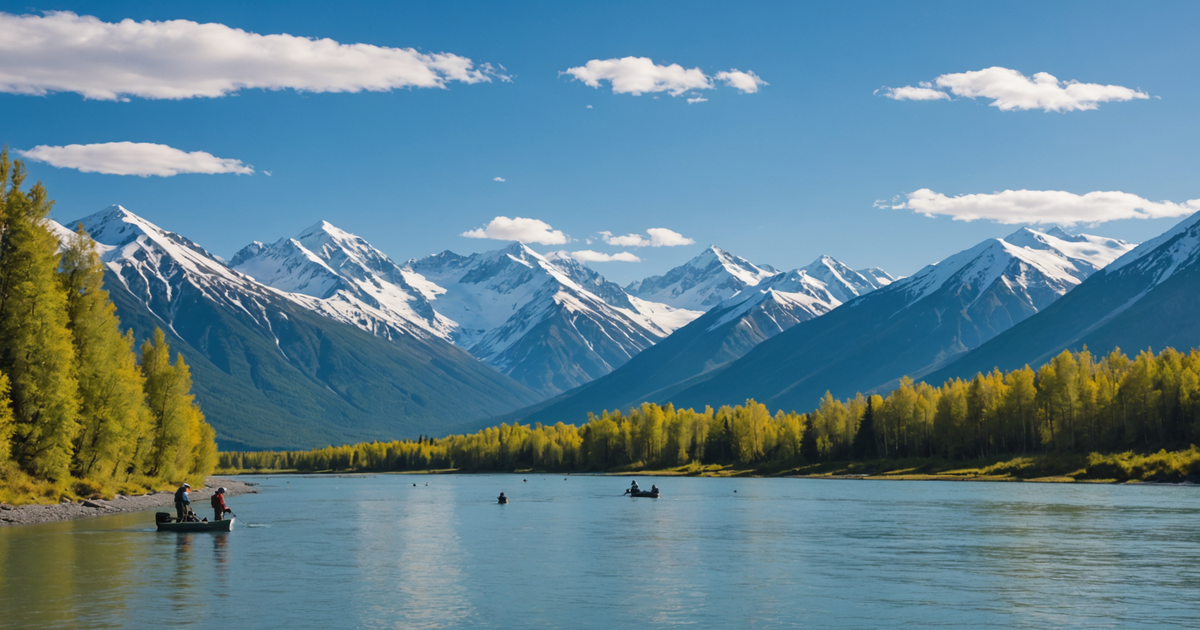 Anglers casting lines in the Kenai River with snow-capped mountains in the background.