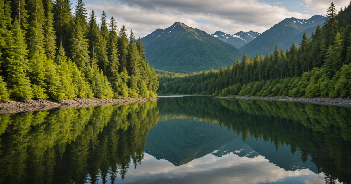 A picturesque view of a river in Southeast Alaska, surrounded by lush forests and mountains.