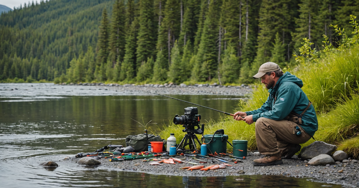 An angler setting up fishing gear on a riverbank in Alaska, with a focus on salmon spinners and flashers.