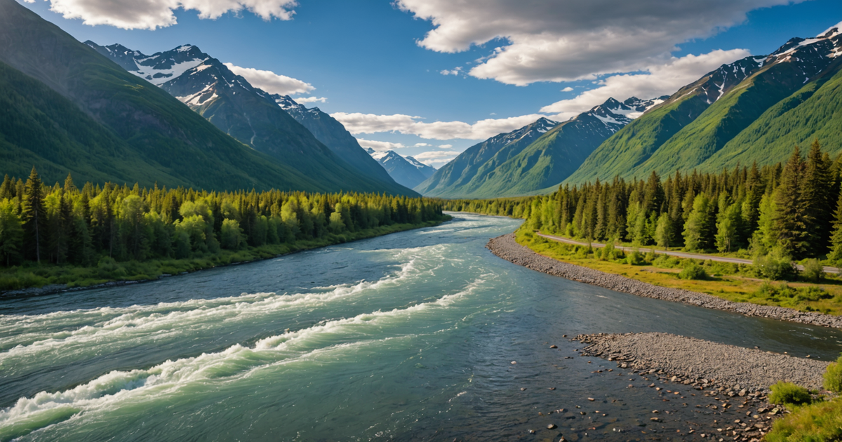 A panoramic view of Alaskan river teeming with salmon