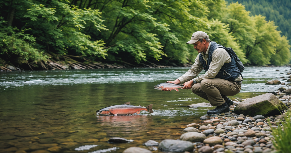 An angler releasing a salmon back into the river