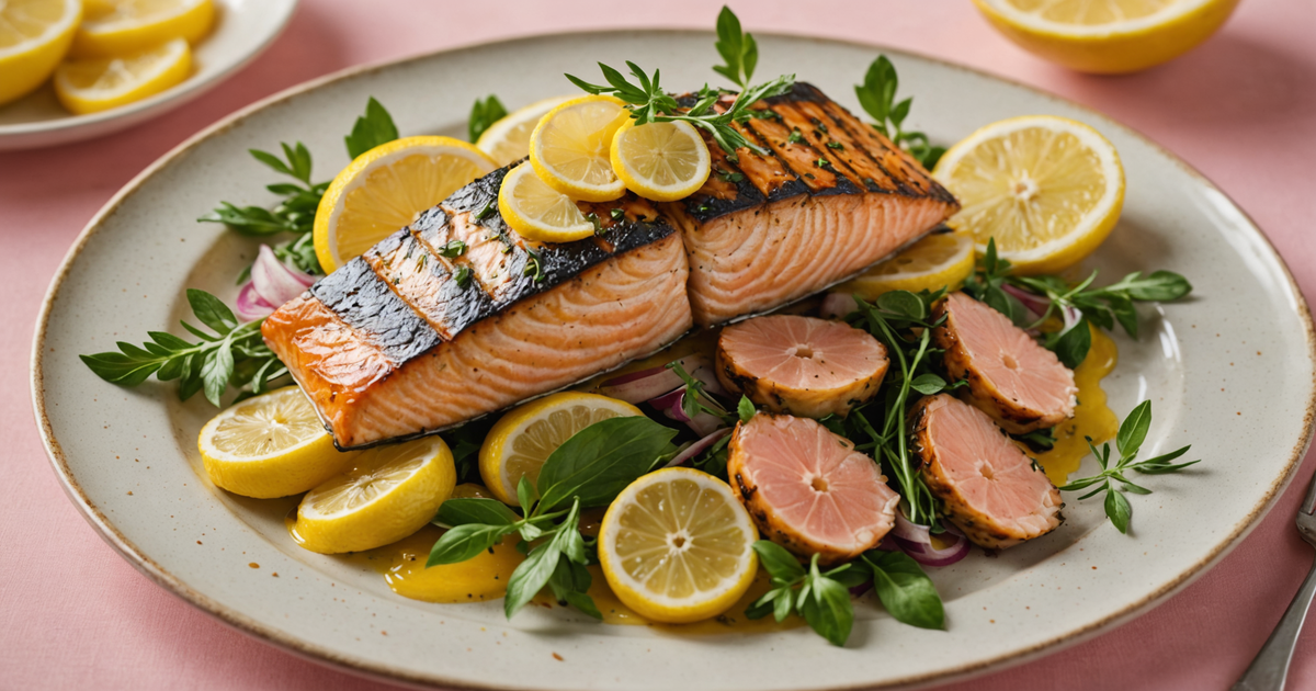 A beautifully prepared dish of grilled chum salmon with herbs and lemon slices