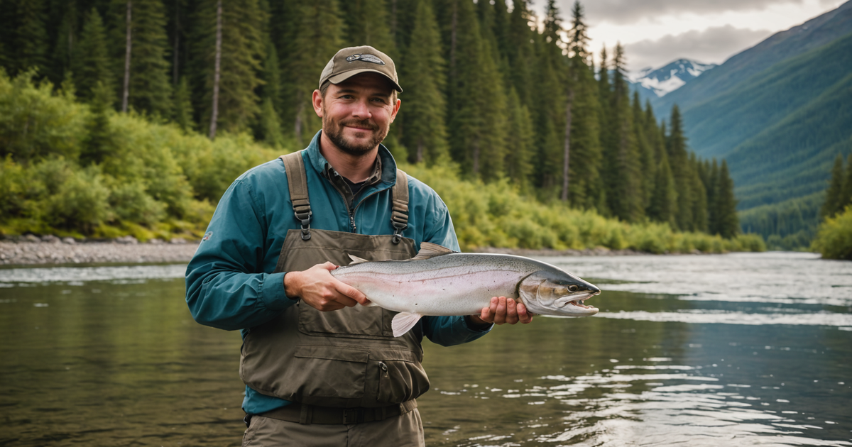 An angler proudly displaying a fresh catch of chum salmon in an Alaskan river